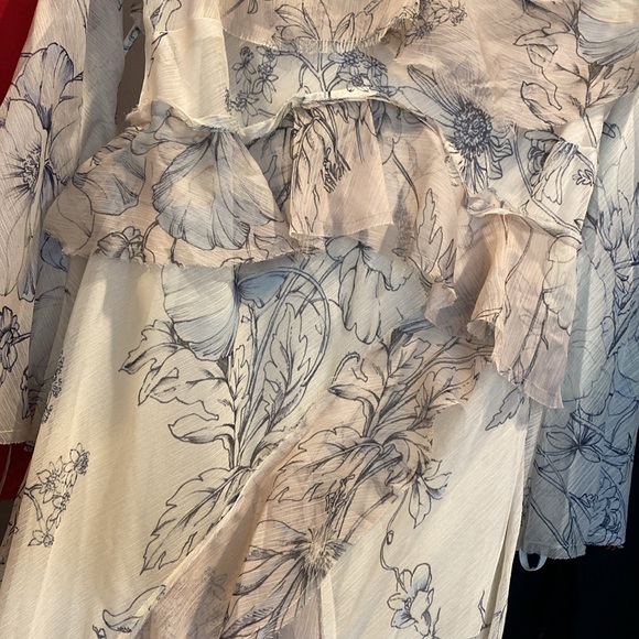 NWT maxi ruffle chiffon cream & navy/ink tie dresss 8 Medium long sleeve beauty - Picture 6 of 7